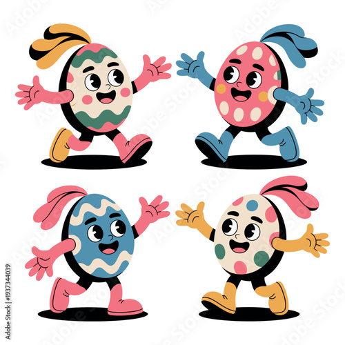 Four retro illustrated Easter eggs with arms and legs dance merrily together in.