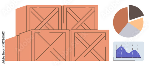 Logistics management, supply chain, inventory tracking, business analytics, packaging, trade tools. Stacked wooden crates with pie chart and line graph. Logistics and supply chain visualization