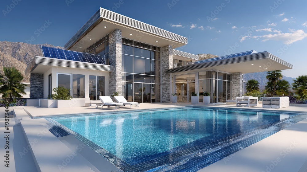 Fototapeta premium Luxury Modern Villa with Solar Panels and Pool in Desert Landscape
