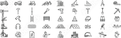 Construction tools and equipment line icons set, building machinery outline collection, engineering symbols, repair tools, safety gear, architecture elements, industrial vector illustration pack
