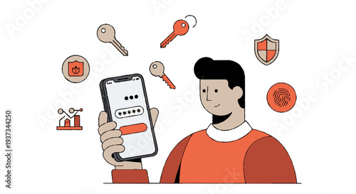 Man holding smartphone with login screen and security icons floating around him online safety