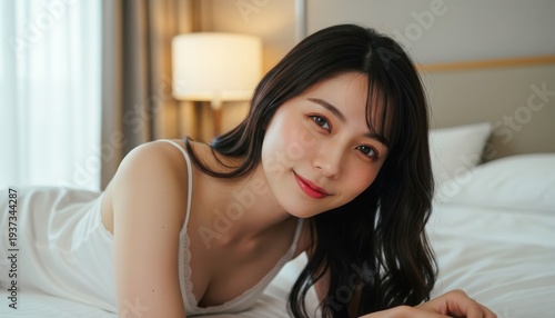 ベッドでうつ伏せになり優しく微笑む白いキャミソール姿の女性