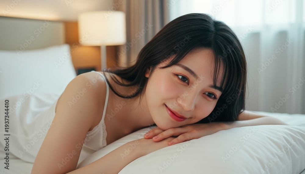 Fototapeta premium ベッドでうつ伏せになり優しく微笑むキャミソール姿の若い女性