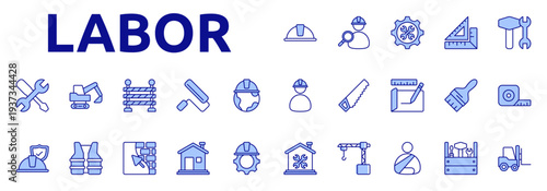 Labor icon color lineal style with safety, helmet, worker, search, mechanic, triangle, ruler, equipment, engineer icons