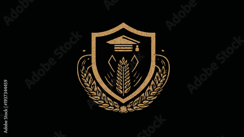 A crest illustration, rendered in golden tones, featuring a shield with wheat and a mortarboard