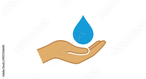 A single blue water droplet held within a cupped beige human hand