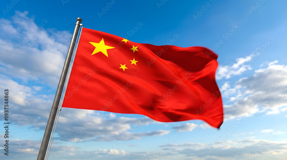 Naklejka premium Chinese flag waving blue sky bright