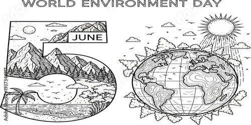 World Environment Day poster with Earth, mountains, and nature illustration