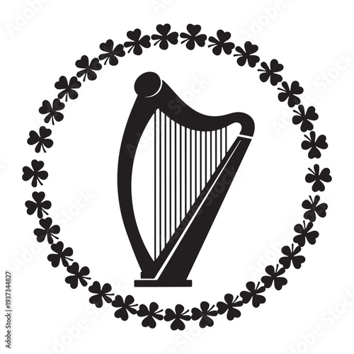 A black silhouette of a harp surrounded by a wreath of shamrocks on a white background silhouette