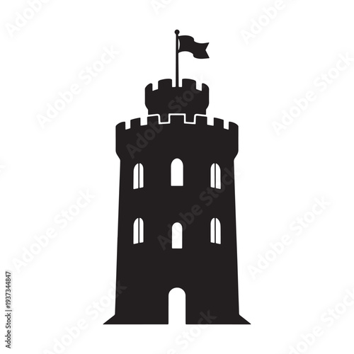 A black silhouette of a medieval castle tower with a flag on top against a white background silhouette