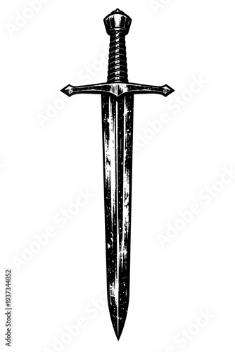 a medieval sword with a crossguard and a pointed tip, black and white illustration