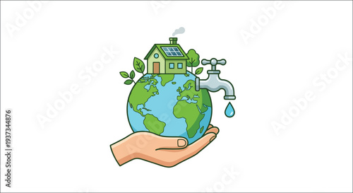 Sustainable living a green house atop the earth held in a hand