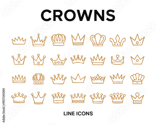 Crowns line icons set. king crown icon, queen crown, royal jewelry, luxury tiara collection golden outline