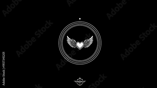 A white-winged heart inside a circle, set against a black background. At bottom is a floral emblem