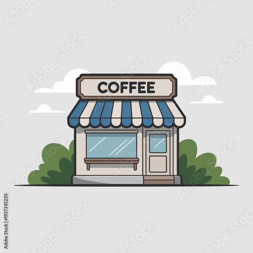 Charming small coffee shop building with striped awning and green shrubbery sits under fluffy clouds.