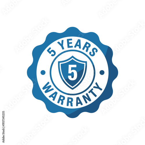 Blue circular guarantee seal prominently displays five years warranty assurance with a central shield icon.