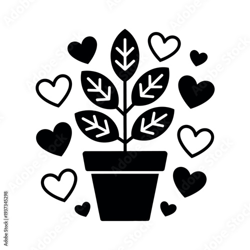 Potted plant icon surrounded by stylized hearts represents growth and nurturing concepts beautifully.