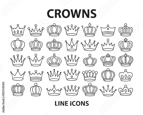 Crowns line icons set. king crown icon, queen crown, royal jewelry, luxury tiara collection black outline