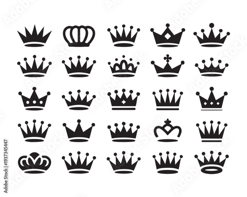 Black crown icons set vector royal majestic symbols collection for logo design heraldic emblems art