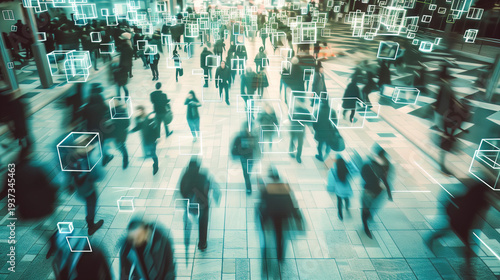Aerial view of blurred crowd walking in city with glowing white digital tracking boxes overlaid, AI surveillance concept art