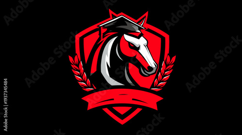 Stylized emblem featuring a horse head wearing a graduation cap, set within a red shield