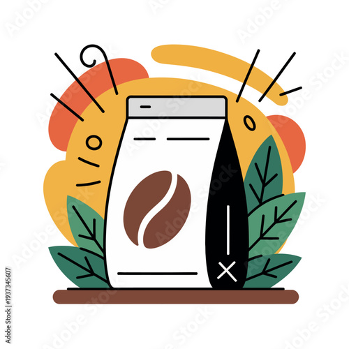 Coffee bean package illustration suggests fresh morning brew flavor and organic dark roast.