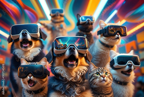 Group of dogs and cats wearing futuristic virtual reality goggles against a colorful background. Creative concept for technology, gaming, and pet entertainment.