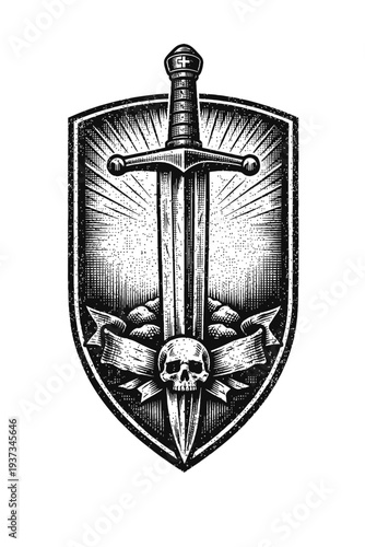 Vintage engraved shield emblem: medieval sword with cross pommel, piercing ominous skull. Radiant sunburst rays, flowing banner complete distressed art, embodying gothic warrior strength, mortality, v
