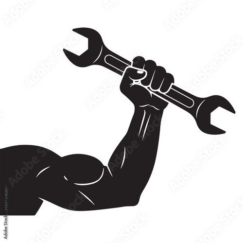A muscular arm holding a large wrench in silhouette