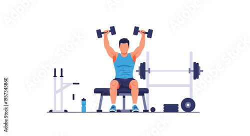 A muscular man in a blue tank top sits on a black weight bench, performing shoulder presses with two black dumbbells.