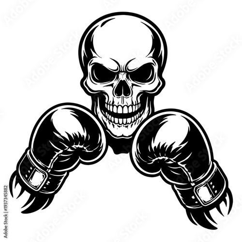 A black and white skull wearing boxing gloves, ready to fight, symbolizing strength and resilience in the face of adversity, with a bold and intimidating expression.