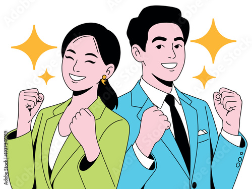 Happy business couple celebrating success with fists raised in green and blue suits together