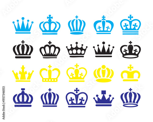 Collection of diverse crown icons in blue black yellow purple colors, royal symbols for royalty