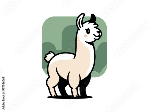 Cartoon llama standing on green background, illustration of white and black animal
