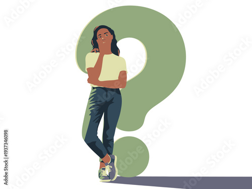 Woman Standing with Question Mark, Thinking Expression, Cartoon Illustration