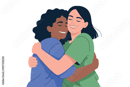 Two women hugging, diverse friends embracing, smiling, happy, supportive relationship