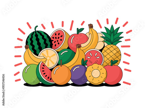Colorful illustration of various fresh fruits, including bananas, apples, and pineapples, arranged together