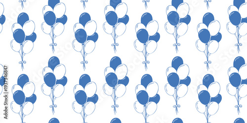 Vintage seamless pattern, blue line art balloon bunches. Classic minimalist hand drawn vector background for baby shower decor, birthday party, wallpaper, festive celebration textile, wrapping paper