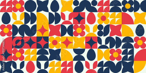 Easter seamless pattern in geometric style with abstract eggs and bunnies. Vector illustration