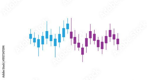 A digital illustration presents a financial candlestick chart with blue and purple bars indicating market data on a clean white background.