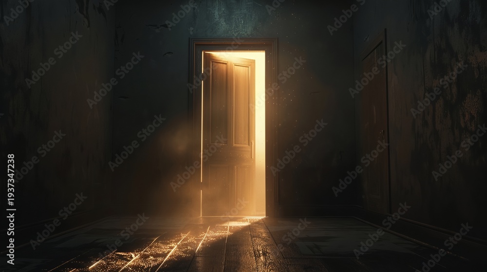 Fototapeta premium In a dark, empty concrete room, a door is slightly open, revealing dazzling golden light rays and dense atmospheric fog and mist.
