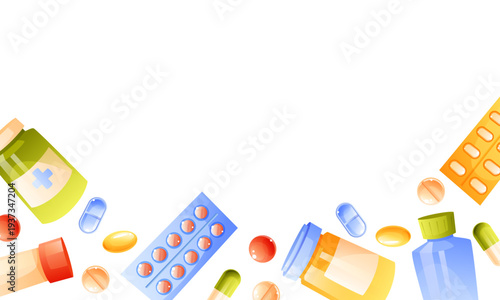 Medical and Vitamin Border with Pills and Bottles