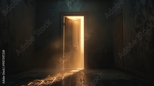 In a dark, empty concrete room, a door is slightly open, revealing dazzling golden light rays and dense atmospheric fog and mist.