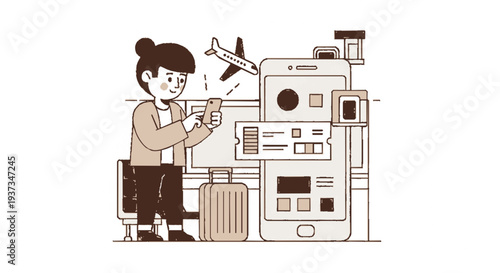 Woman checks phone with travel luggage and airplane nearby planning trip