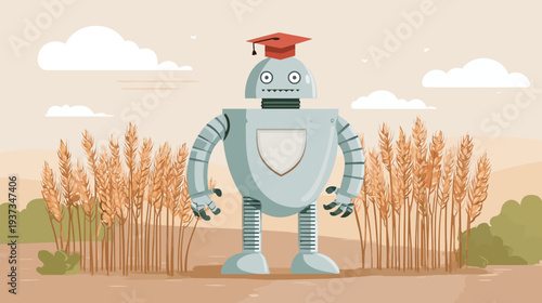 A robotic character wearing a graduation cap stands in a field surrounded by wheat, sky with clouds