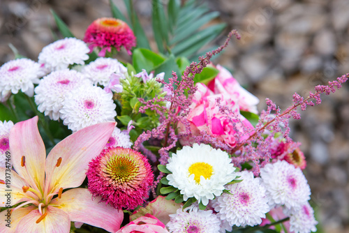 Mother's Day Bouquet of colorful flowers isolated on gray background.