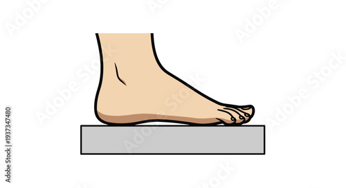 A simplified illustration shows a bare human foot with distinct toes resting flat on a rectangular grey block against a white background.