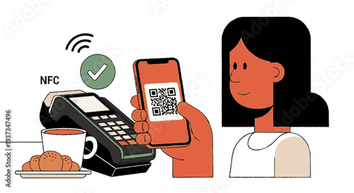 Woman uses smartphone to make contactless payment with nfc technology at coffee shop