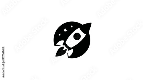 A black and white illustration of a rocket ship blasting off inside a circle with stars