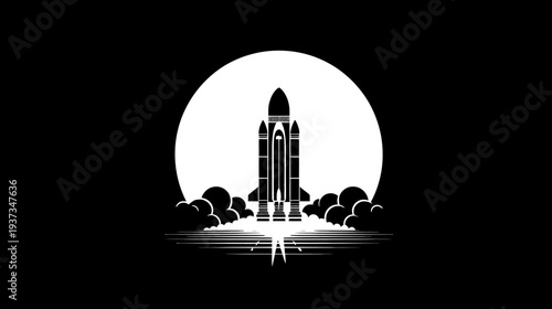 Silhouetted rocket ship taking off in front of a full moon in the night sky